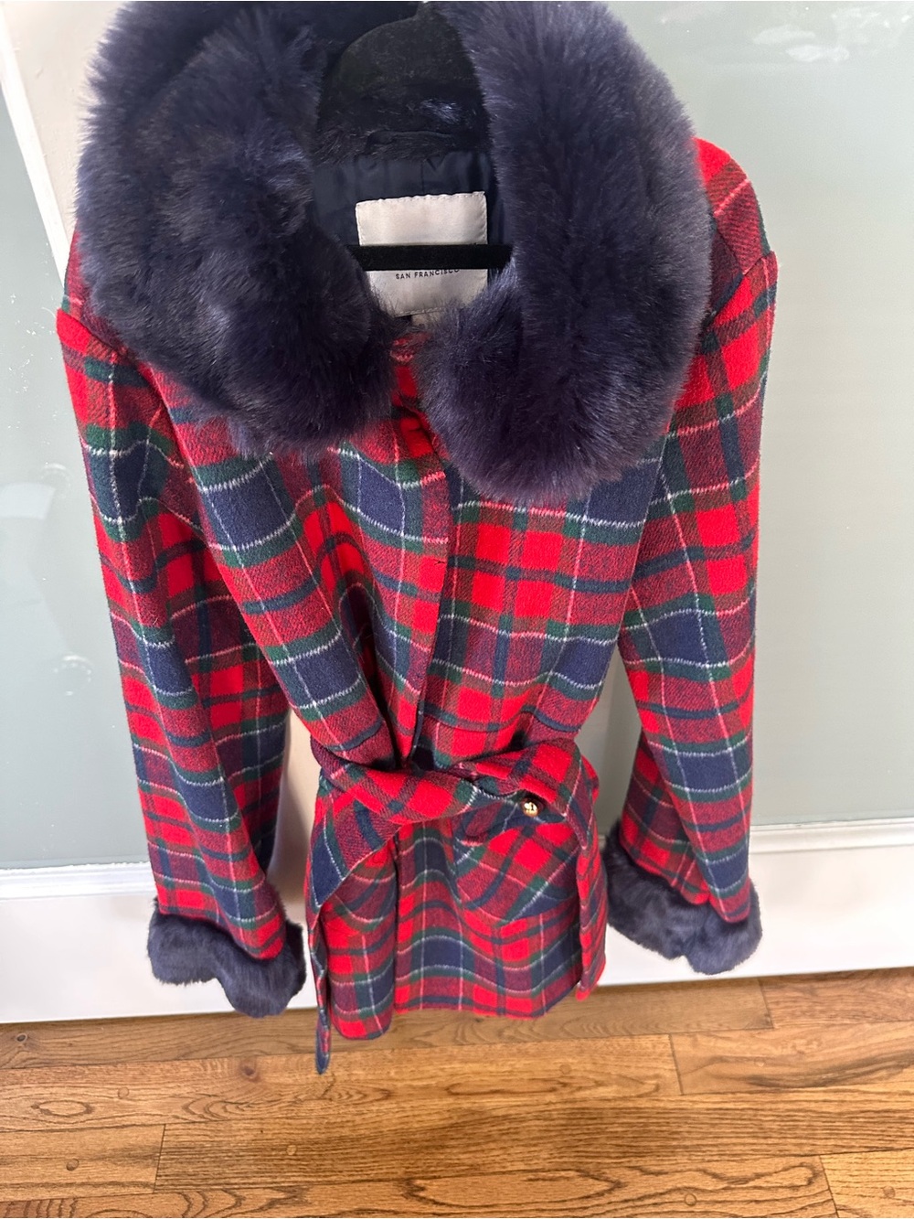 Janie and Jack Red and Navy Plaid Belted Pea Coat with Faux Fur Trim
